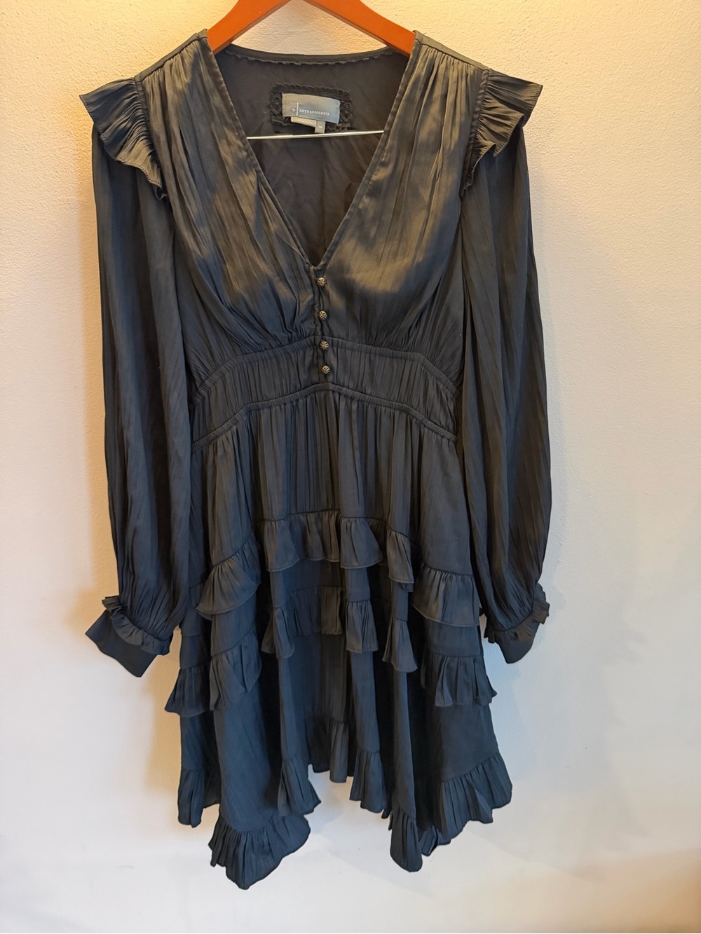 Anthropologie Tiered Ruffle Mini Dress Black Smocked Waist V-Neck XS